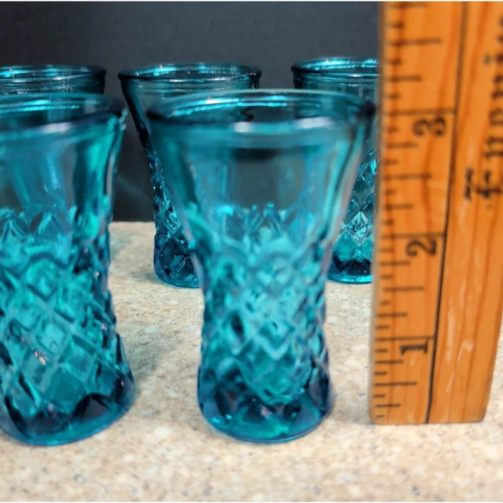 Set of 5 Vintage Diamond Pattern Blue Glass Shot Glasses Made in Tawian